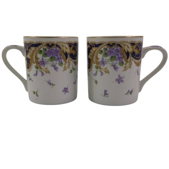 Andrea by Sadek Royal Violets Gold Rim 10 Oz Porcelain Mugs Cups – Set of 2 - Picture 1 of 16